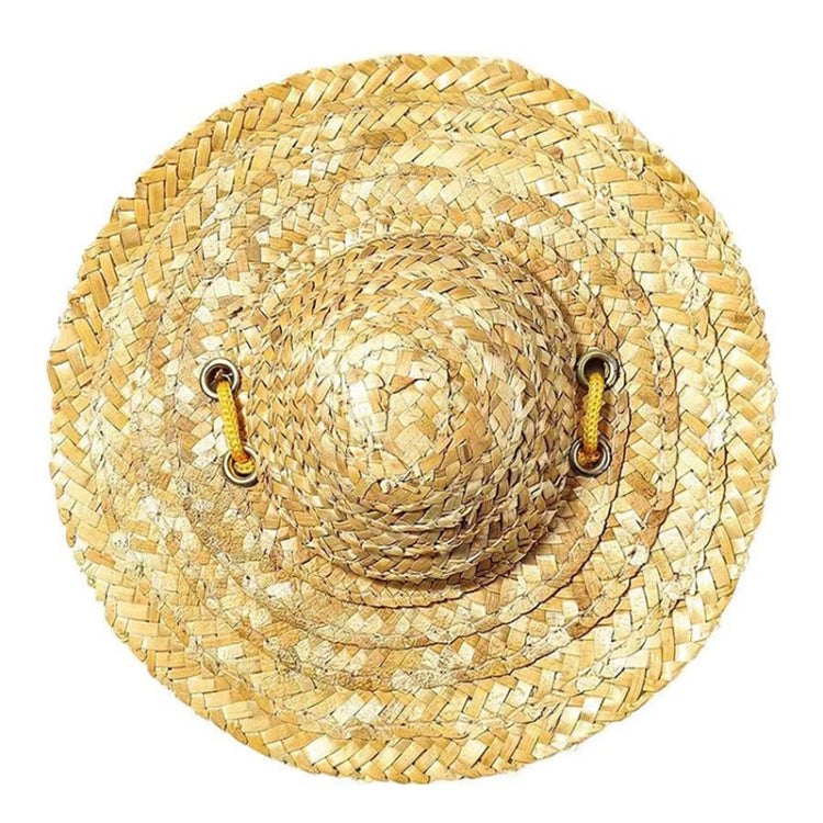 Tan woven straw pet sun hat with rope loop accents and curled brim