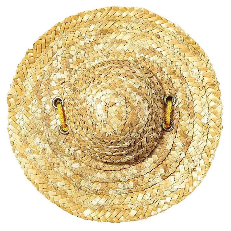 Tan woven straw pet sun hat with eyelet grommets and braided front trim