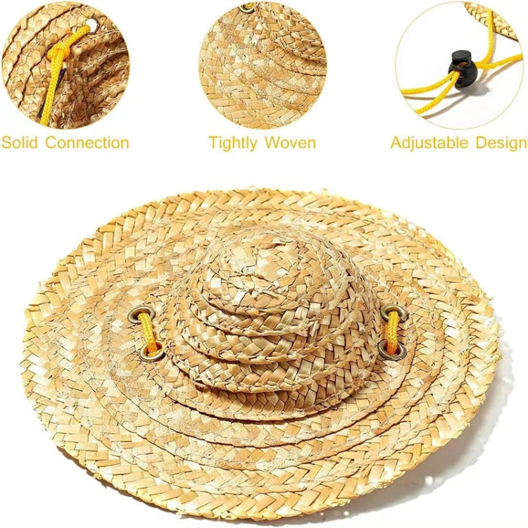 Tan woven straw pet sun hat with braided brim and side eyelets