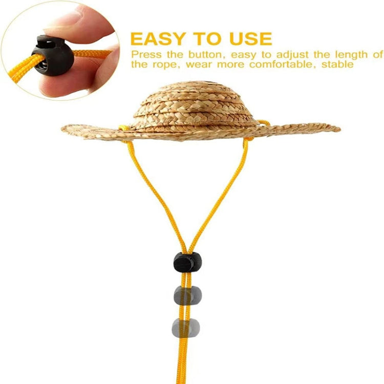 Tan woven straw pet sun hat with long yellow adjustable cord and black clips
