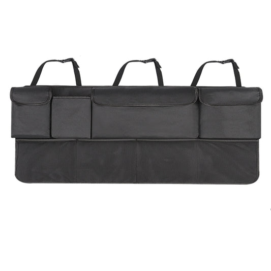 Car rear trunk storage organizer bag with three front pockets and top handles, dark gray