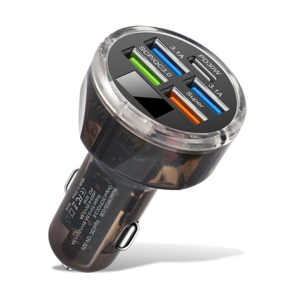 Multi-port car charger with LED voltage display, black metal body and USB ports