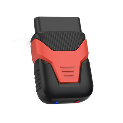 Red and black OBD2 Bluetooth diagnostic scanner with textured top and connector port