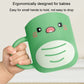 Green dinosaur baby cup held in a hand, with cartoon eyes and striped belly