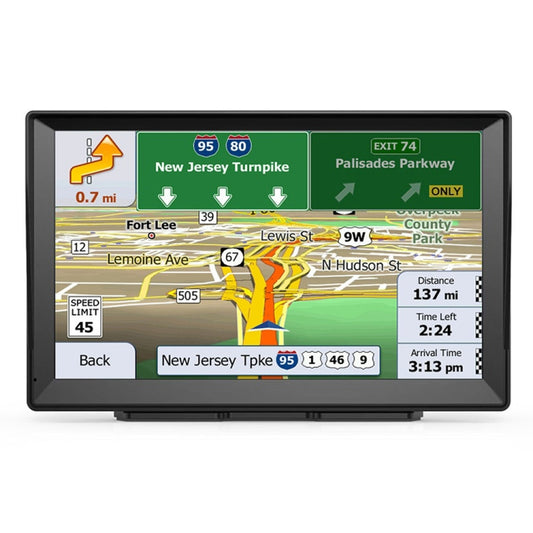 Car GPS navigator with large touchscreen displaying route guidance and distance/ETA