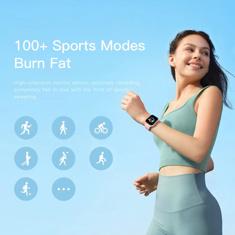 Smartwatch with a black band and colorful touch screen, worn during exercise.