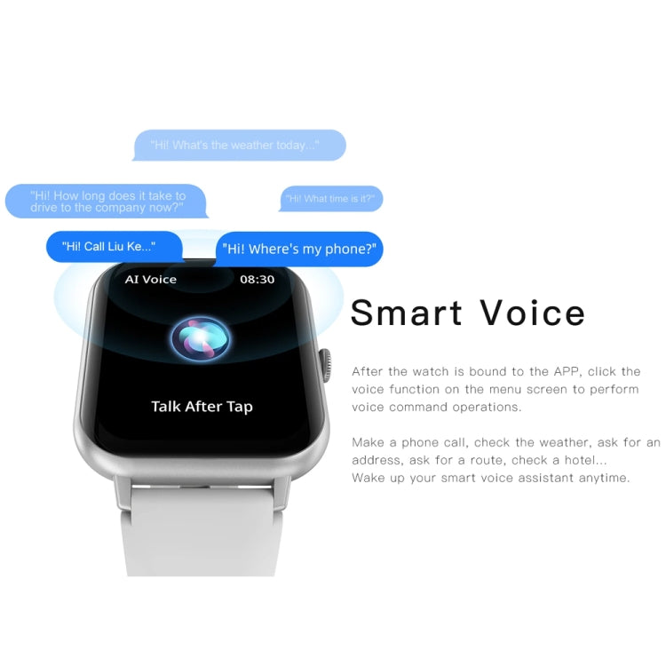 Smartwatch with a light gray strap showing an AI voice assistant screen.