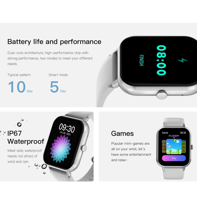 Silver smartwatch feature collage highlighting battery life, water resistance and games.