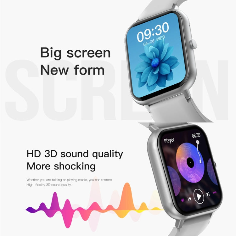 Silver smartwatch with a large touch screen displaying a floral dial and music controls.