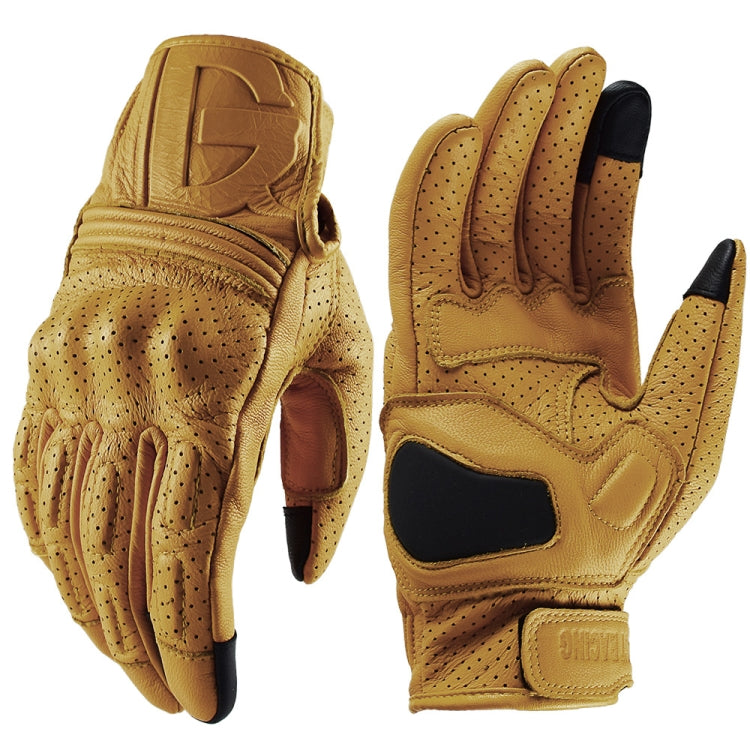 Motorcycle riding gloves in yellow with perforated back and a black palm patch