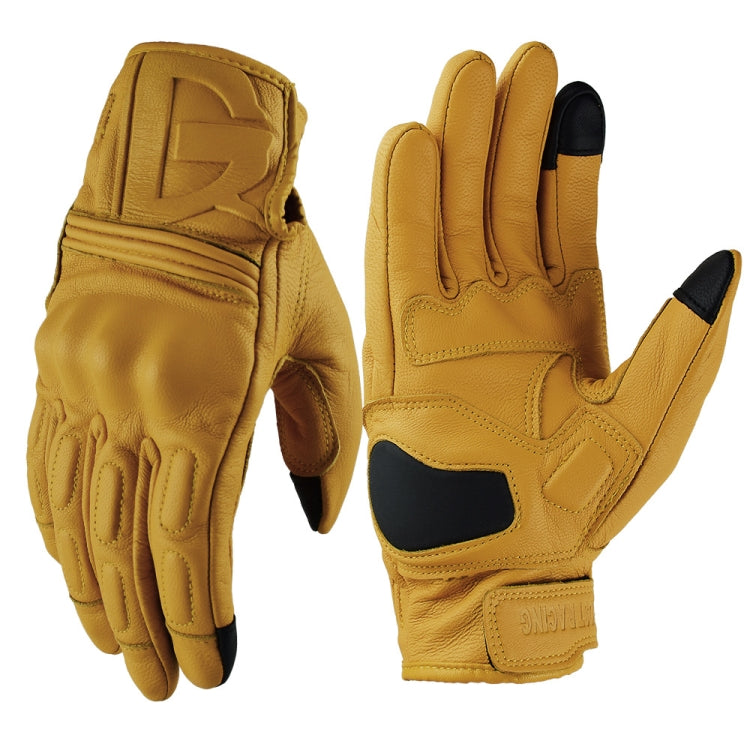 Motorcycle riding gloves in yellow with black thumb insert and padded fingertips