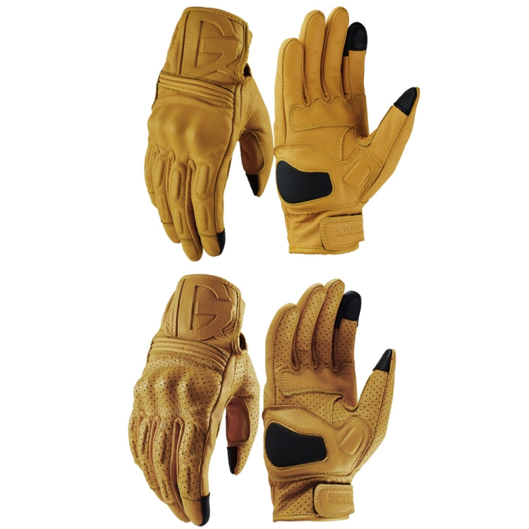 Motorcycle riding gloves shown in yellow: one style with perforations and one without