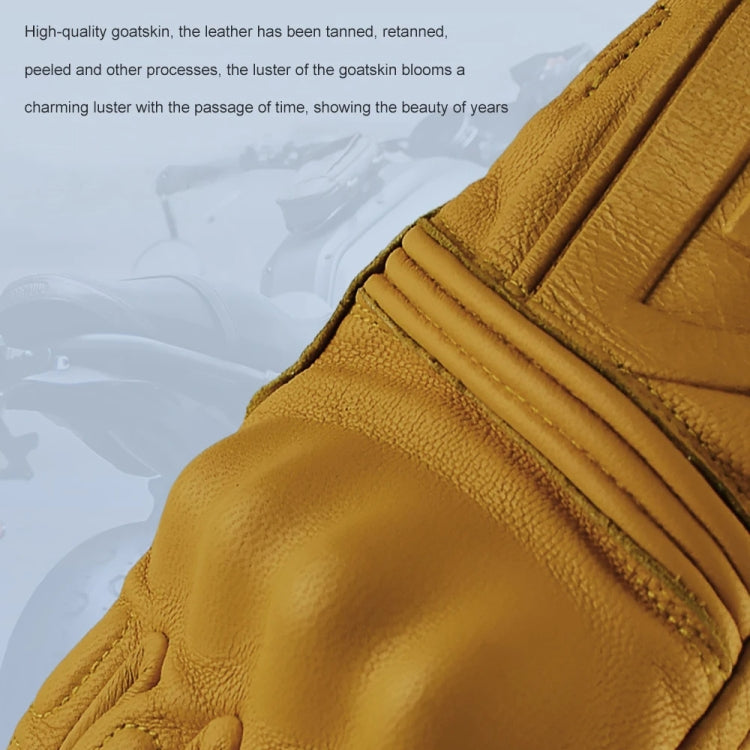 Motorcycle riding glove close-up of textured yellow leather and stitched edge
