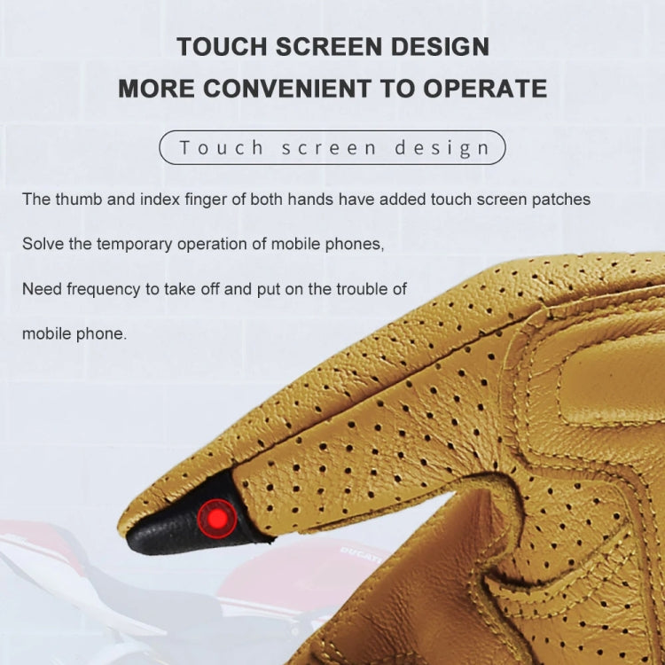 Motorcycle riding gloves with touch-screen thumb panel and perforated leather