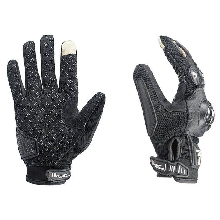 Black motorcycle riding gloves, pair view, with textured palm and hook-and-loop wrist strap