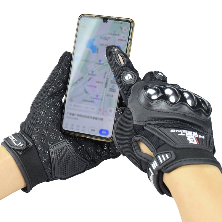 Black motorcycle gloves with knuckle armor and hook-and-loop wrist closure