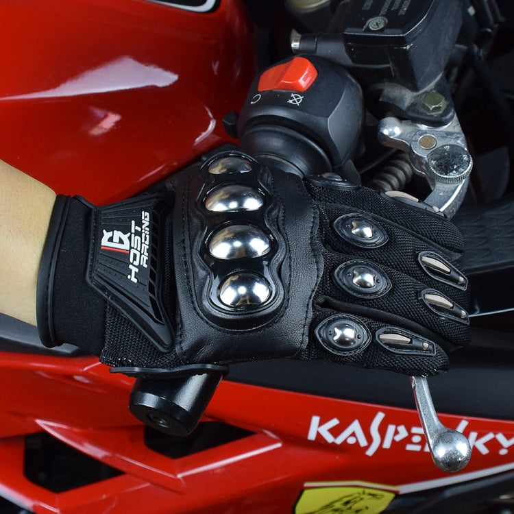 Black motorcycle riding gloves with glossy knuckle guards and logo panel on backhand