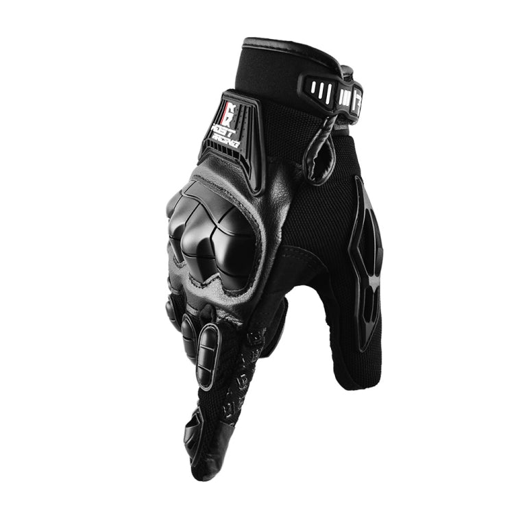 Black motorcycle riding glove with hard knuckle shell and mesh back, single view