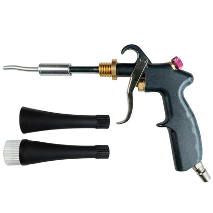 Handheld car cleaning pressure gun with black handle and two brush nozzles