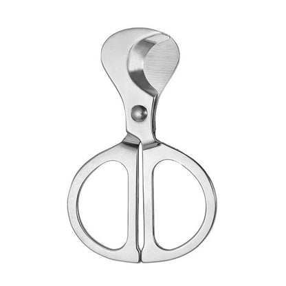 Stainless steel portable pill cutter scissors with silver oval handle and loop blades