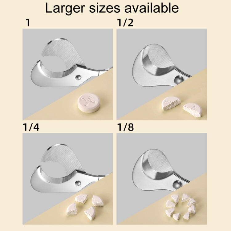 Pill cutter scissors shown in multiple sizes with different head openings