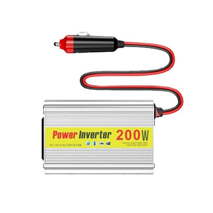 Car power inverter with silver metal housing and red/black DC input cable leads