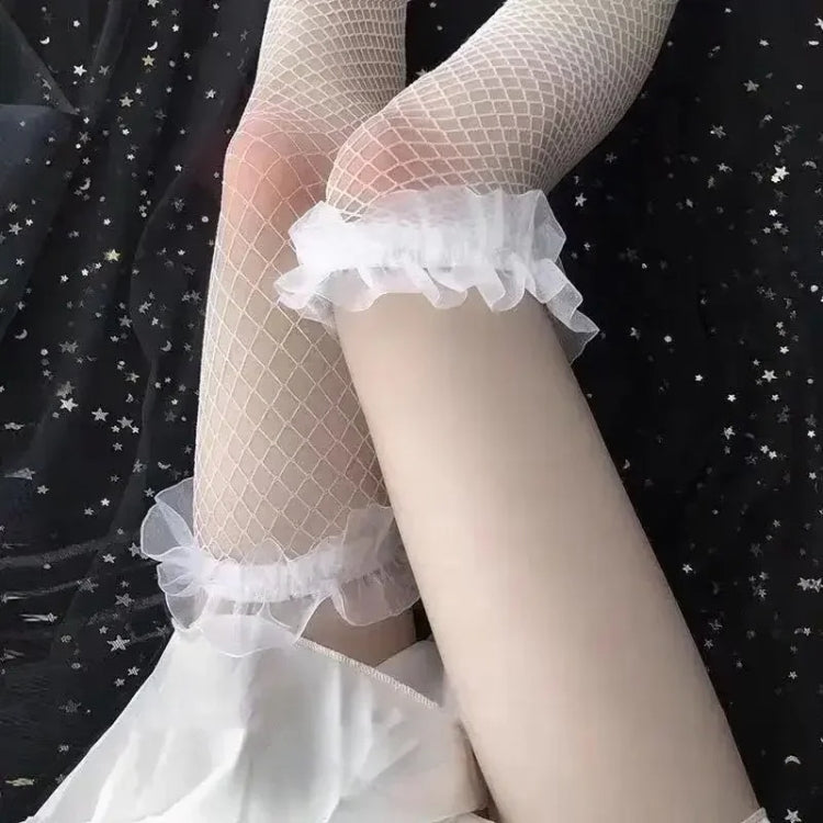 Sheer pink fishnet stockings with layered white ruffle garter bands on the upper leg