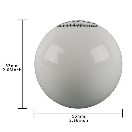 White spherical shift knob with ghost face design; includes size diagram