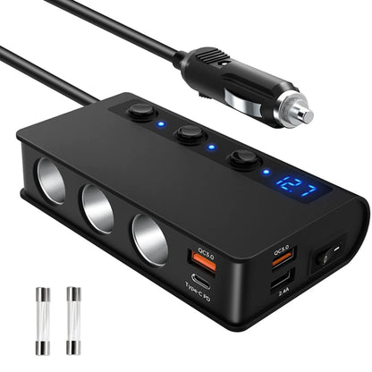 Black car cigarette lighter splitter USB charger with switch and LCD power display