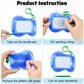 Blue mini magnetic writing board with white grid screen, green keychain and stylus.