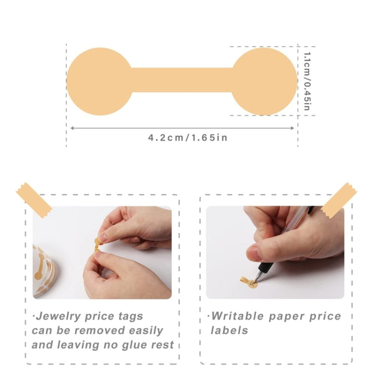 Hand applying tan jewelry tag sticker labels on paper surface