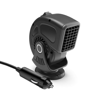 Compact 12V car heater fan defogger with black casing and grille, plus power plug