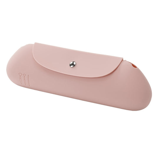 Pink silicone makeup brush storage bag with snap button closure, curved shape