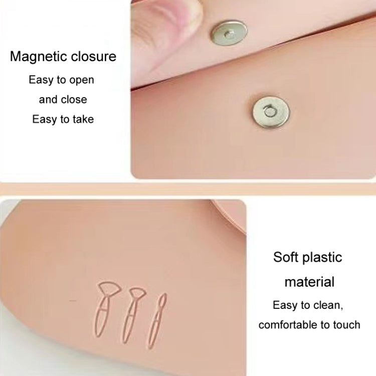 Pink silicone makeup brush storage bag with snap closure and soft outer material