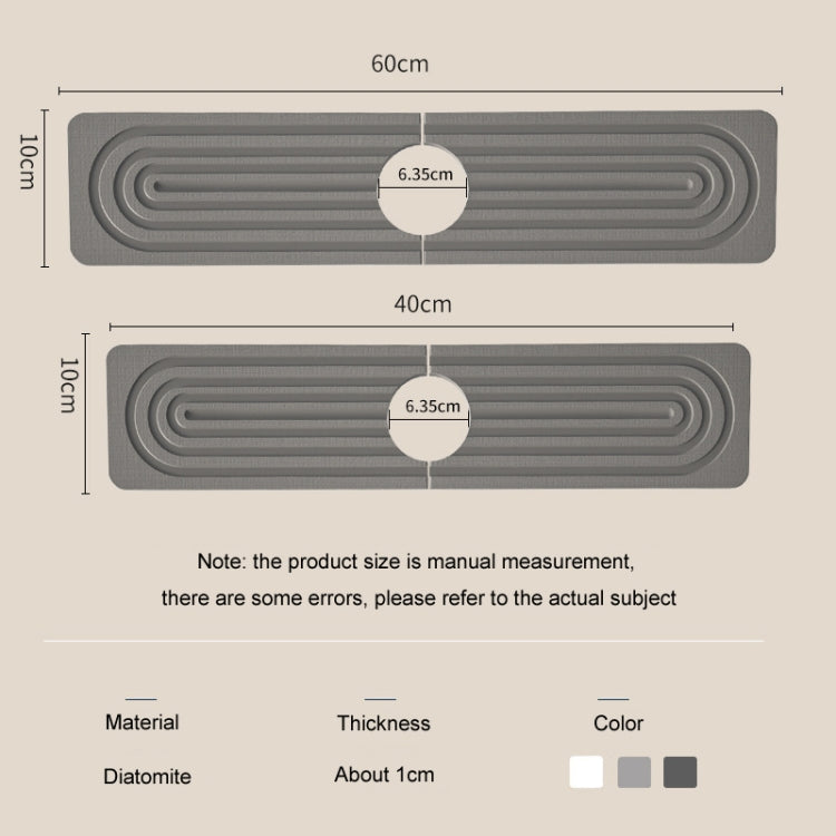 Diatomite drainage mat size chart for 40cm and 60cm lengths, about 1cm thick