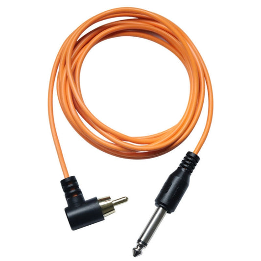Orange power cord with RCA elbow connector and 3.5mm plug, black strain relief