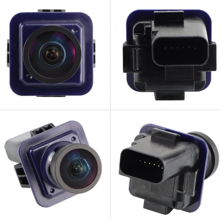 Reversing assist camera with blue housing showing front lens and rear connector