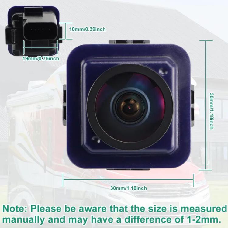 Reversing assist camera with blue square housing and round front lens