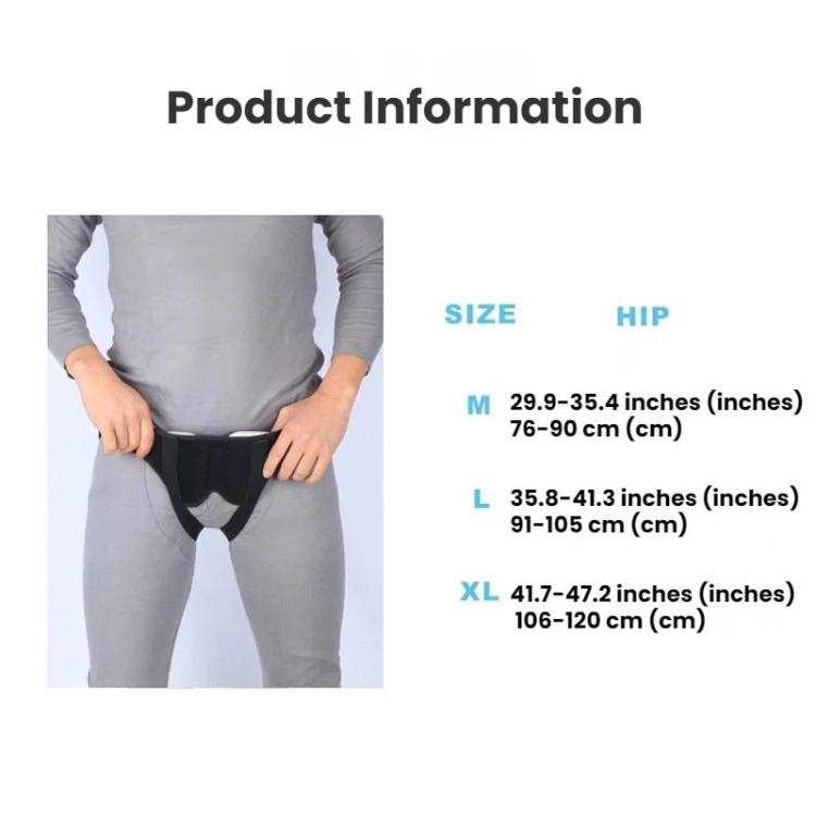 Hernia support belt size chart with hip measurements and belt shown on adult