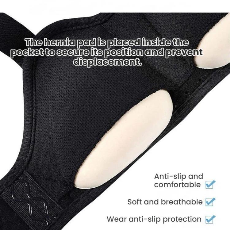 Adult hernia belt with inner pocket holding a rounded pad at the groin area