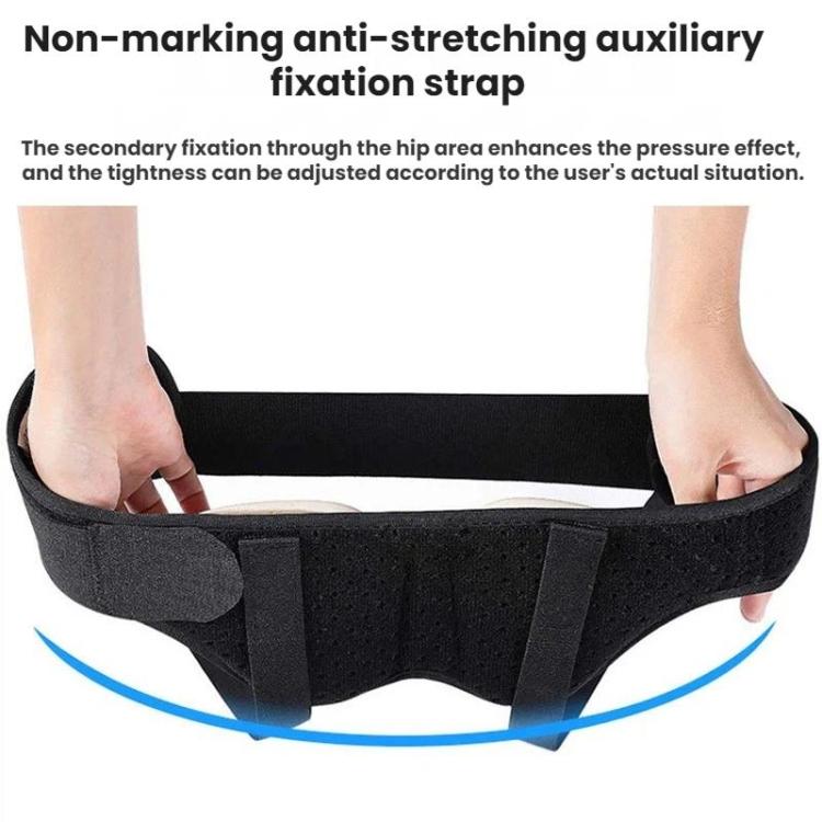 Adult hernia belt with extra side fixation strap, worn with hands holding support band