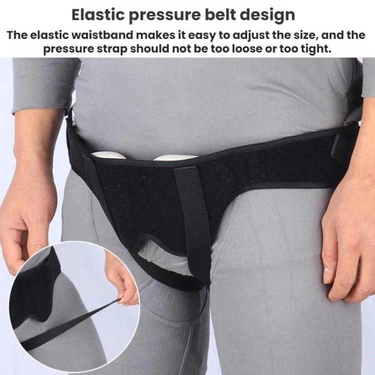Adult hernia belt worn with adjustable elastic waist strap for secure groin protection