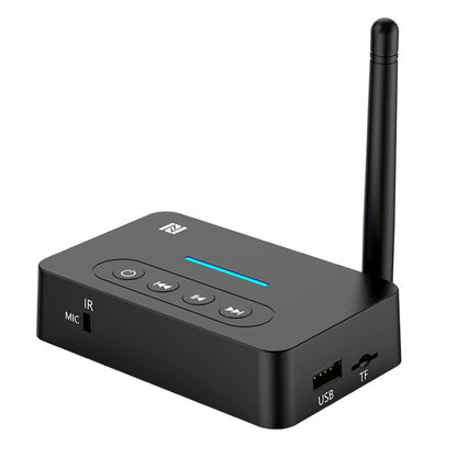 Black Bluetooth audio receiver transmitter with long antenna and control buttons