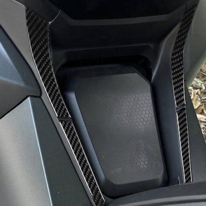 Carbon-fiber look fuel tank side sticker set: four black vertical strips.