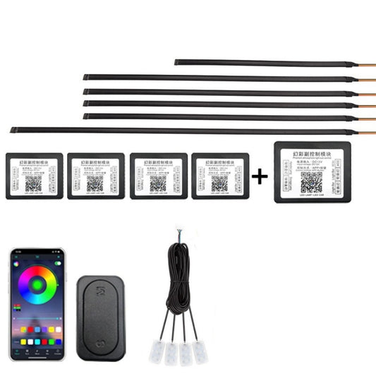 RGB LED light strip kit with controller modules, remote app, and power wiring harness