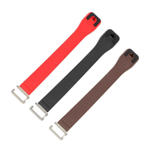 Set of adjustable silicone car seat hooks in red, black, and brown with metal buckles