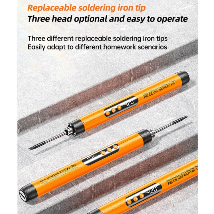 Orange USB digital soldering iron with replaceable tips and stand, shown with two tools
