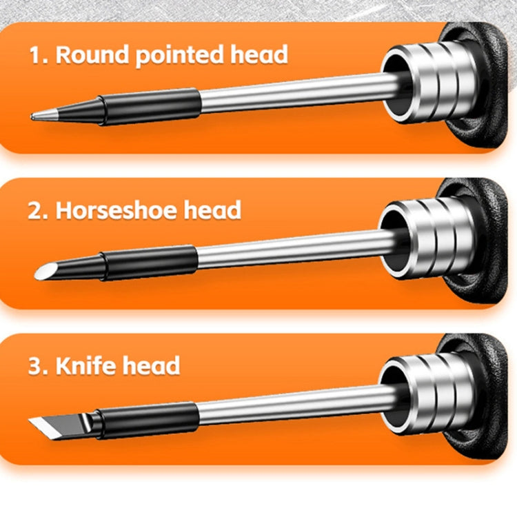 Three interchangeable soldering iron tips: round pointed, horseshoe, and knife head
