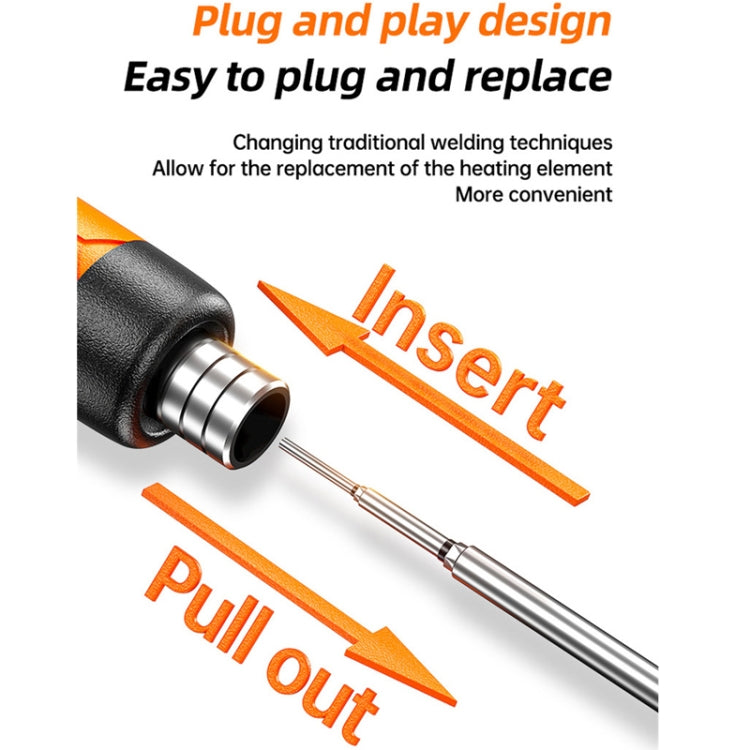 Soldering iron plug-and-play tip connection showing insert and pull-out motion