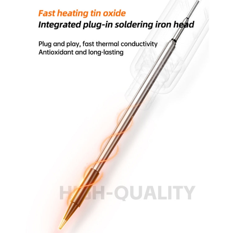 Soldering iron with orange handle, metal heated tip, and plug-in head